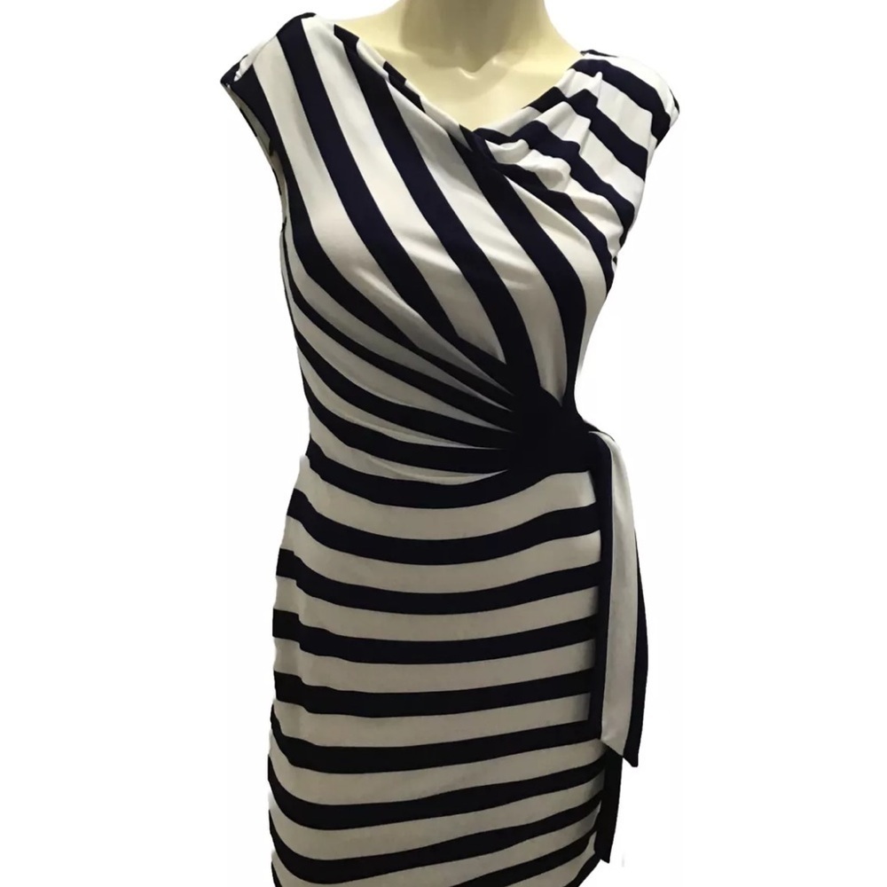LAUREN RALPH LAUREN SLEEVELESS BLUE /IVORY STRIPED WOMENS DRESS WITH BELT -4 P
